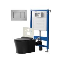 Сет: Система инсталляции Point Элемент для подвесного унитаза PN45120 + Клавиша смыва для инсталляции Point Ника цвет хром, PN44081C + Унитаз подвесной Point Вега безободковый, чёрн мат, PN41711BM