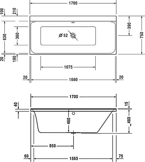 акриловая ванна duravit p3 comforts 170x75 (700376)