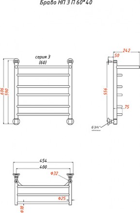 полотенцесушитель водяной тругор лц браво нп 3 п 60x40, с полкой