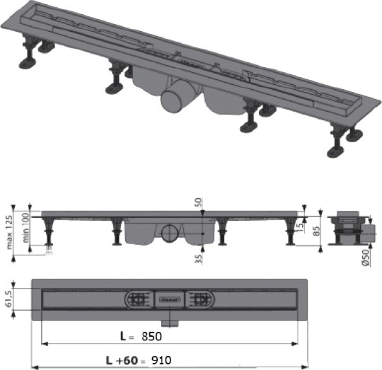 душевой лоток alcaplast optima apz12-850 с опорами