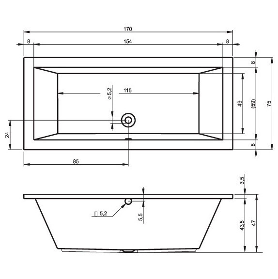 акриловая ванна riho lusso 170x75 b007001005 (ba1800500000000) без гидромассажа