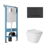 Комплект Aqueduto AQDS117Т Унитаз подвесной Cone безободковый, с микролифтом, смыв Tornado + Система инсталляции для унитазов Tecnica Novo + Кнопка смыва Quadrado черная матовая