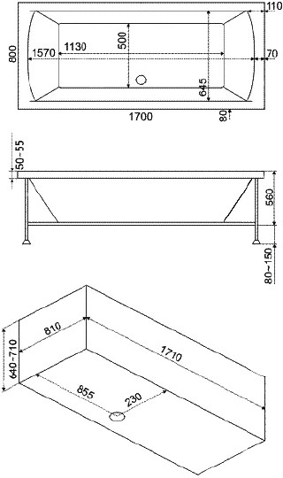 акриловая ванна bas индика 170x80 без гидромассажа