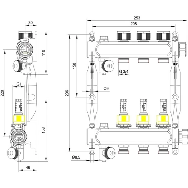 коллектор для теплого пола tece 1 вр(г) х 3 выхода 3/4 нр(ш) ек х 1 вр(г) с расходомерами, 77310003