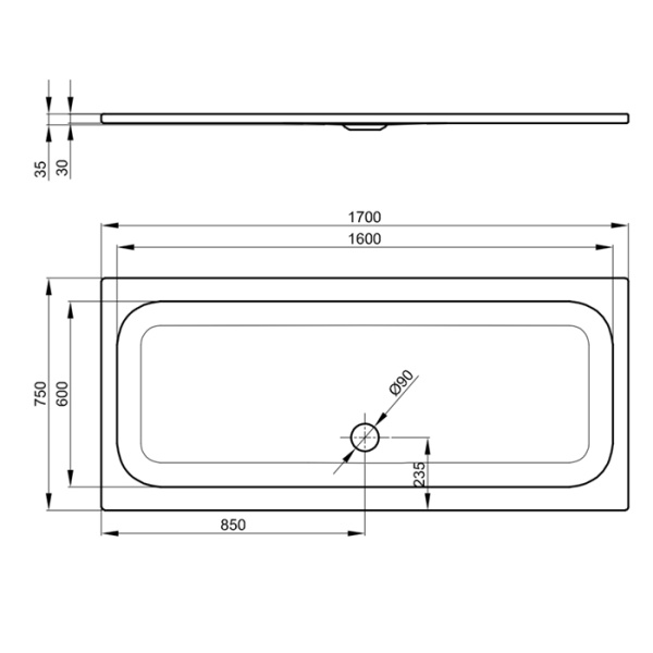 bette bette душевой поддон 170x75x3.5 см, прямоугольный, d9см, с противоскользящим покрытием, цвет: белый