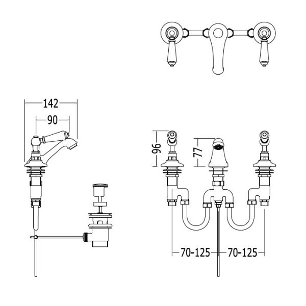 devon&devon dandy смеситель для биде на 3 отв., с донным клапаном, c ручками белыми, цвет: хром