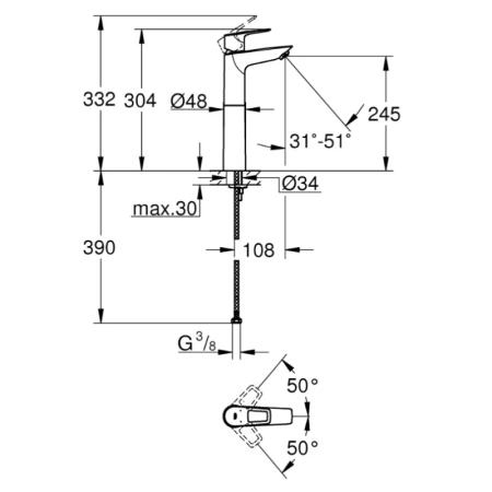 смеситель для раковины без донного клапана grohe bauloop new 23764001