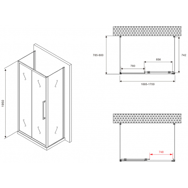 душевой уголок abber schwarzer diamant 170x80 ag30170bmхh-s80bm-s80bm профиль черный стекло матовое