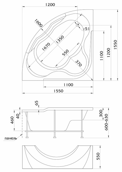 каркас для ванны 1marka luxe 155х155 r/l 03люк155155 черный