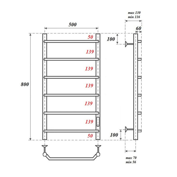 полотенцесушитель point виктория п6 pn06858 электрический, диммер справа, 50x80 см, хром