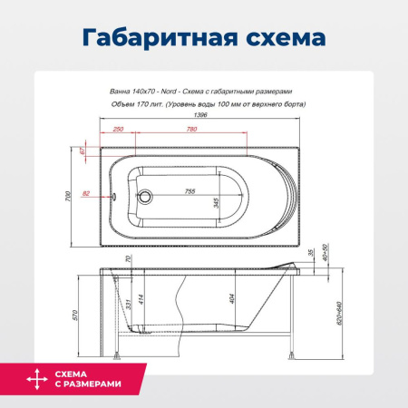 акриловая ванна aquanet nord 140x70 205305 с каркасом, цвет белый