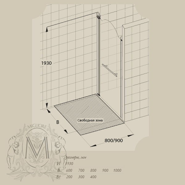 душевая дверь migliore diadema 80 20404 профиль хром, стекло матовое с декором