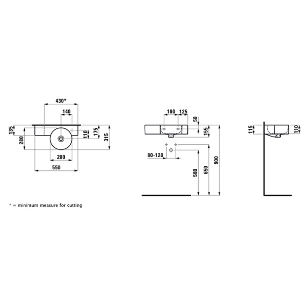 раковина-мини 55x31.5x11.5см.laufen val 8.1528.4.000.106.1 dx, подрезаемая до 43cм/, цвет: белый
