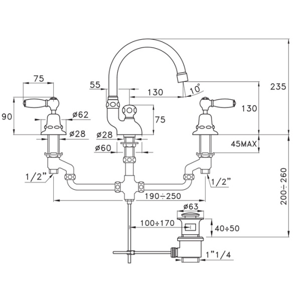 stella stella italica leve смеситель для раковины на 3 отверстия 3225, с донным клапаном, цвет: хром