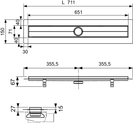 душевой лоток tece tecedrainline 600700 70 см, прямой, без крышки, с гидроизоляцией seal system, цвет серебристый металлик