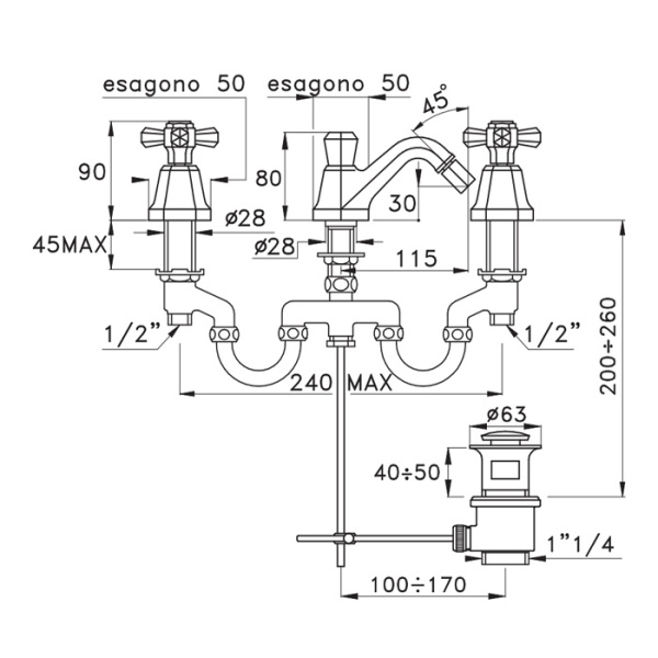 stella stella eccelsa смеситель для биде на 3 отверстия 3601, с донным клапаном, цвет: хром