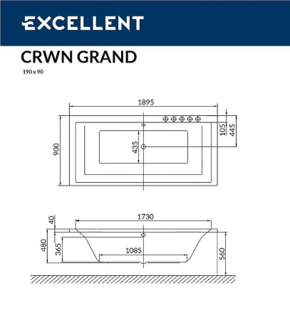 акриловая ванна excellent crown grand 190x90 "smart" цвет золото