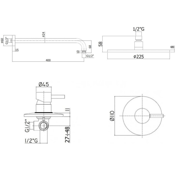 душевой комплект 225 мм paffoni light kitlig011bo