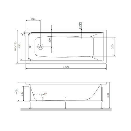 акриловая ванна am.pm gem 170x70 без гидромассажа w90a-170-070w-a