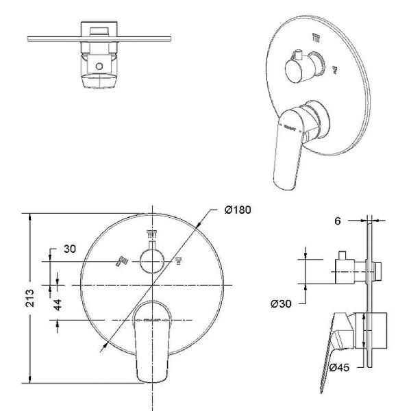 смеситель bravat rhein pb8429564bw-3-eng для ванны и душа, внешняя часть, цвет черный