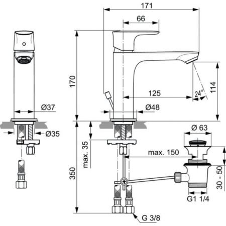 смеситель для раковины с донным клапаном ideal standard connect air a7012gn