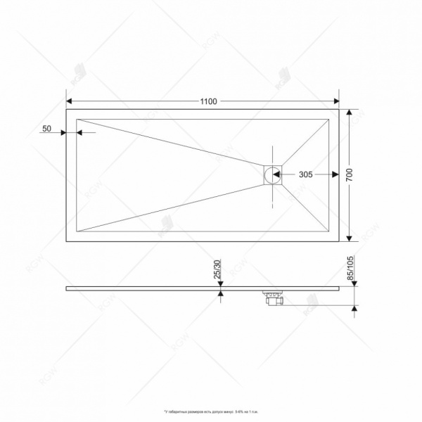 душевой поддон из искусственного камня rgw stt st-0117w 70x110x2,5 белый