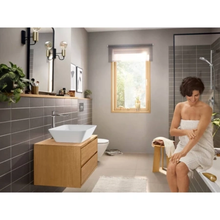 смеситель hansgrohe rebris e 72581000 для раковины, coolstart, с донным клапаном, высокий h30.3 см, излив 16.9 см, хром