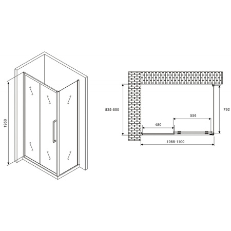 душевой уголок abber schwarzer diamant 110x85 ag30110h-s85 профиль хром стекло прозрачное