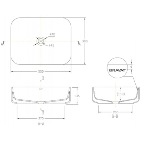 раковина накладная bravat source c22250w-eng 50.6x39.5 см