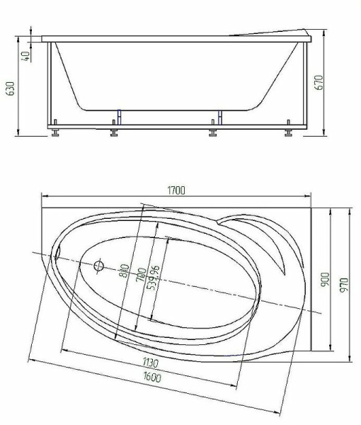 акриловая ванна aquatek бетта 170x97 r bet170-0000100 без гидромассажа с фронтальной панелью с каркасом (разборный) со слив-переливом