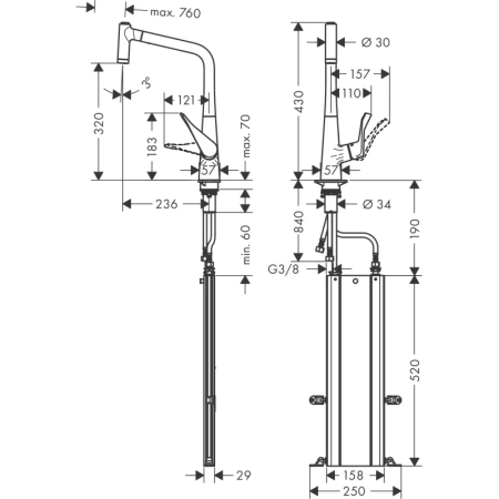смеситель для кухни hansgrohe metris m71 73801000, хром