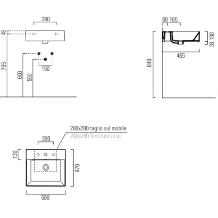 раковина gsi kube x 9430126 подвесная, 50x47 см, ardesia opaco (черный матовый)