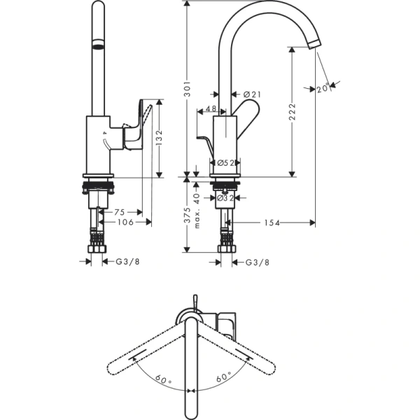 смеситель для раковины с донным клапаном hansgrohe rebris s 72536670