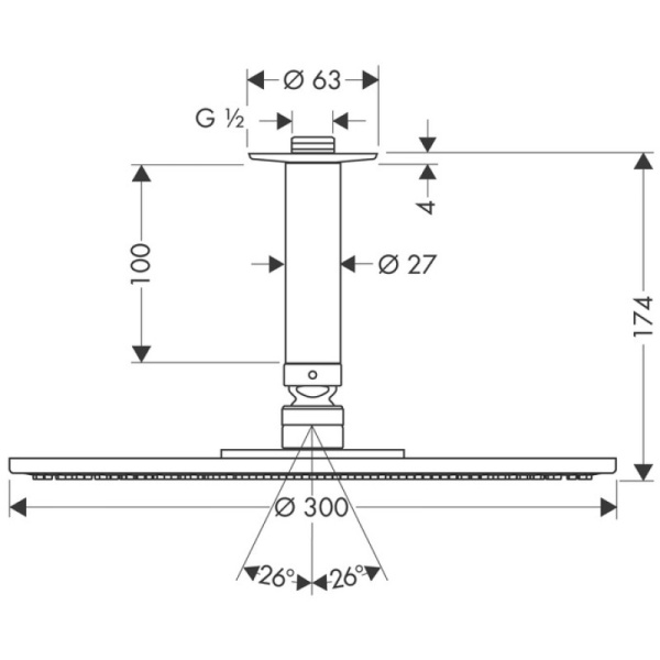 верхний душ hansgrohe raindance s 300 air 1jet, потолочное подсоединение 100 мм, ½’ 27494000