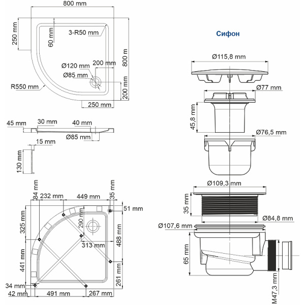 акриловый поддон для душа, wasserkraft isen 80x80 26t00 цвет белый глянец