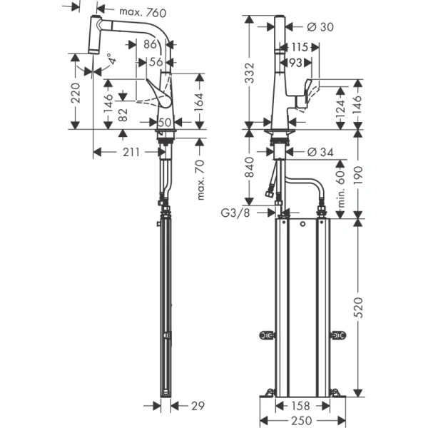 смеситель для кухни hansgrohe metris m71 73800000, хром