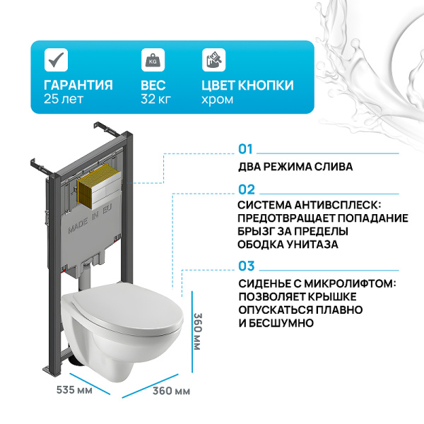 комплект унитаза с инсталляцией jacob delafon patio e21734ru-00 с сиденьем микролифт и клавишей смыва хром 226546