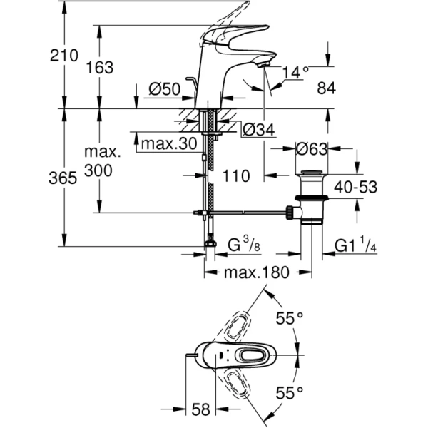 смеситель для раковины с донным клапаном grohe eurostyle new 33558003