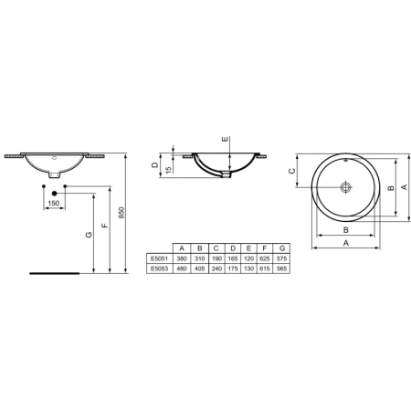 раковина встраиваемая ideal standard connect 48 см e505301