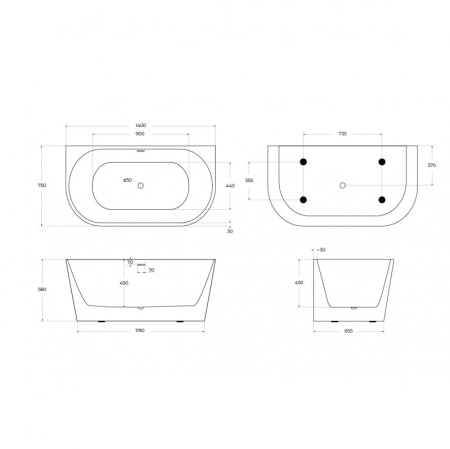 ванна акриловая пристенная 1500х750 belbagno bb710-1500-750