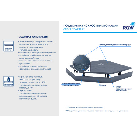 душевой поддон из искусственного камня rgw stone tray st/t-g 80x80 16155088-02 графит