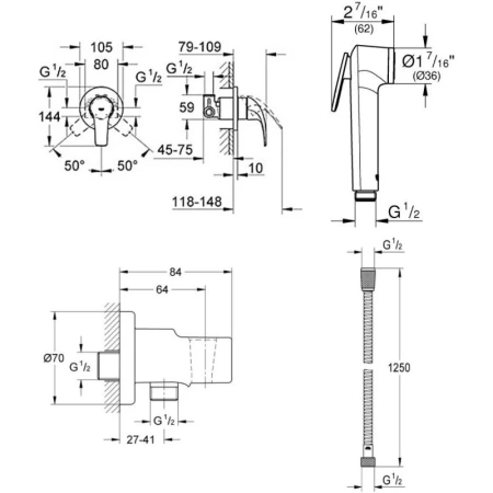 гигиенический душ grohe baucurve 123072 со смесителем, хром