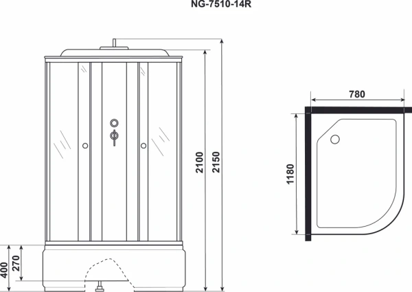 душевая кабина niagara eco ng-7510-14r с высоким поддоном, с сиденьем