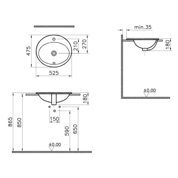 раковина встраиваемая vitra s20 53см, 5468b003-0001, цвет белый