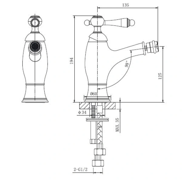 смеситель caprigo fonte 12-533-vot для биде, с донным клапаном, бронза