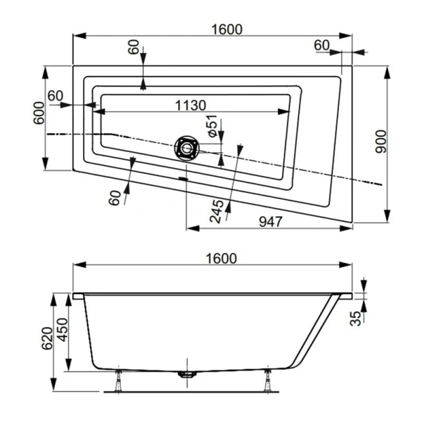 угловая ванна акриловая vagnerplast cavallo offset r 160x90 см vpba169cav3lx-04, цвет белый