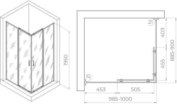душевой уголок rgw passage pa-040b 1000x900x1950, профиль черный