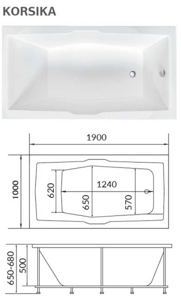 акриловая ванна 1marka korsika 190x100, 01кр1910 / 03069 без гидромассажа