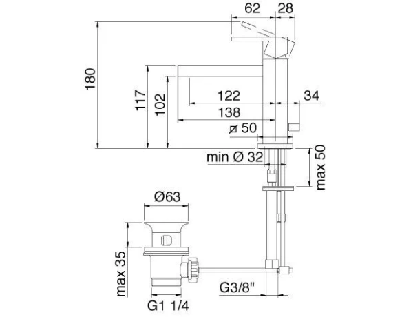 смеситель treemme q 5610.cc для раковины, с донным клапаном, хром