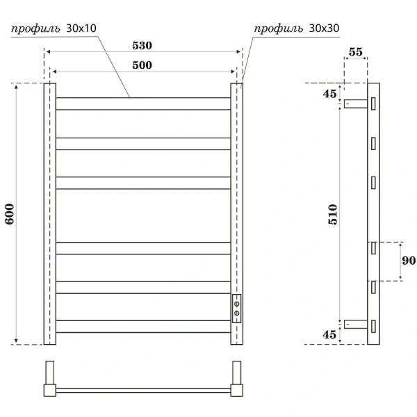 полотенцесушитель point меркурий п6 pn83856gr электрический, диммер справа, 50x60 см, графит премиум